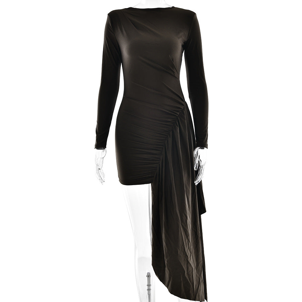 Women Dress Sexy round Neck Long Sleeved Pleated Ribbon Slim Fit Sheath Dress
