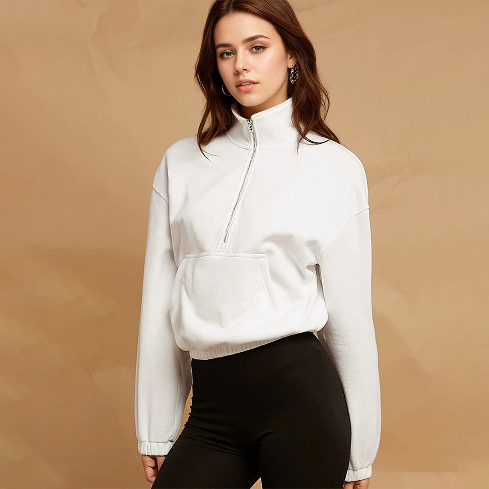 White Pullover Sweater Women Heavy Weight Cotton Fabric Idle Half Zipper Design Mid Length Inner Wear