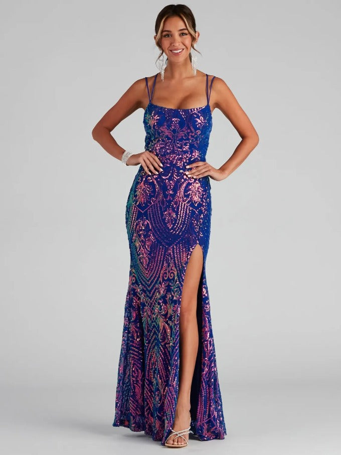 Sexy off Neck Sequined Floor Length Evening Dress Elegant Slit Cocktail Party Dress for Women
