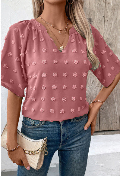 Women Comfortable Loose Jacquard V Neck Short Sleeved Top Women