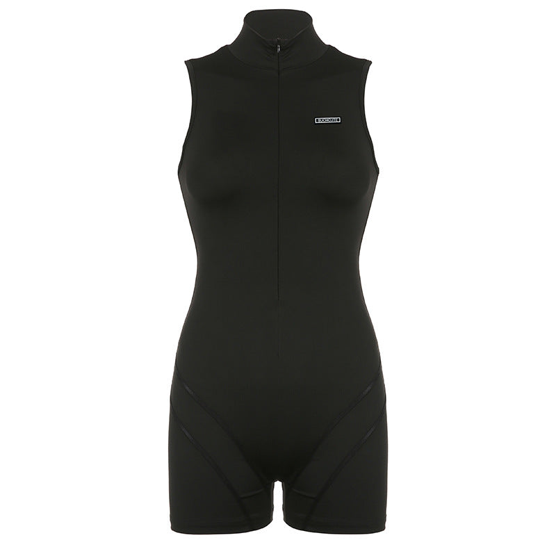 Women Clothing Summer Sleeveless Half Turtleneck Invisible Zipper Sports Jumpsuit Shorts