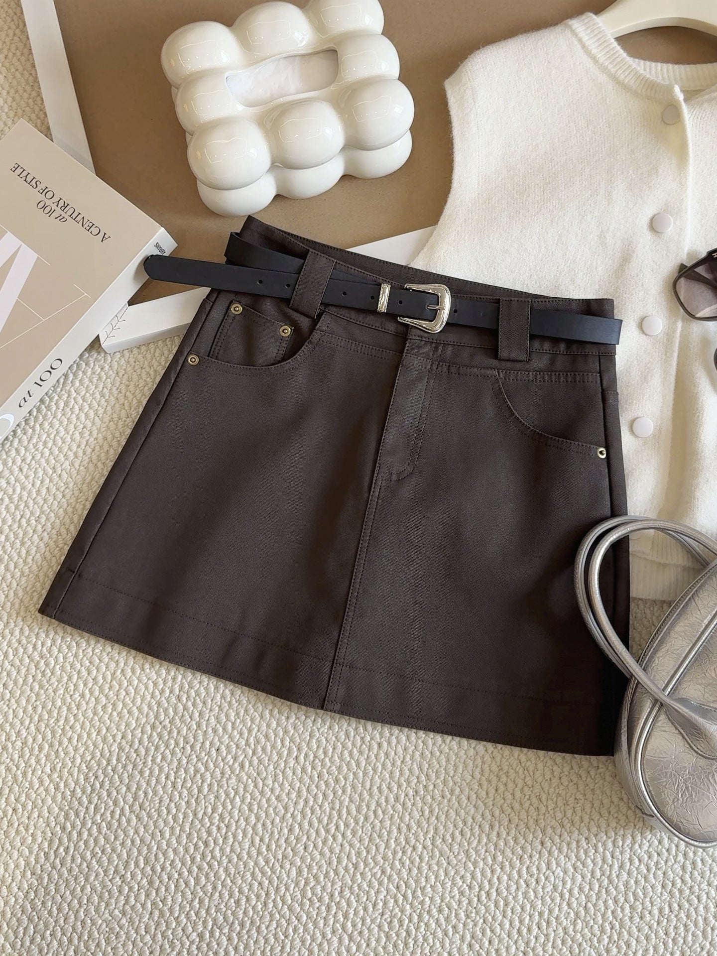 Faux Leather Skirt Women Autumn High Waist Slimming Anti Emptied Hip Bag A line Skirt With a belt included