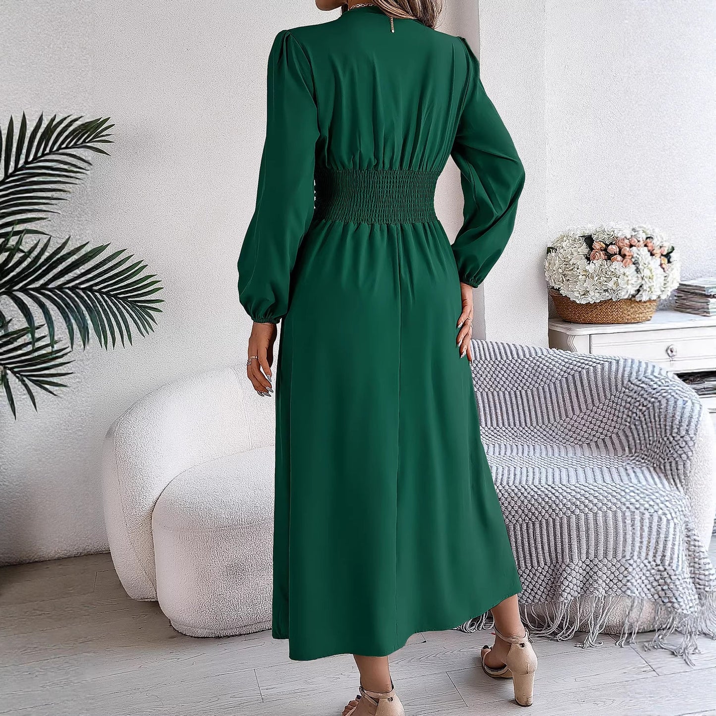 Women Clothing Spring Summer Solid Color V neck Long Sleeve Sexy Slit Dress
