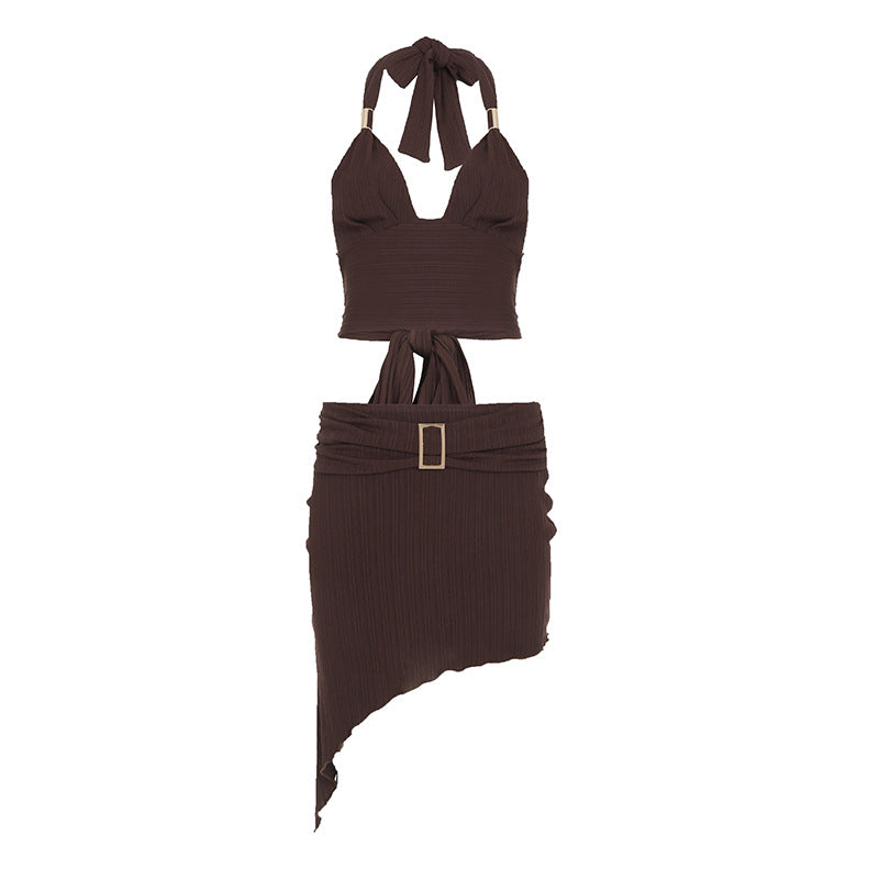 Summer Metal Tube V neck Halter Backless Lace up Vest Belt Buckle Beveled Edge Two Piece Sets