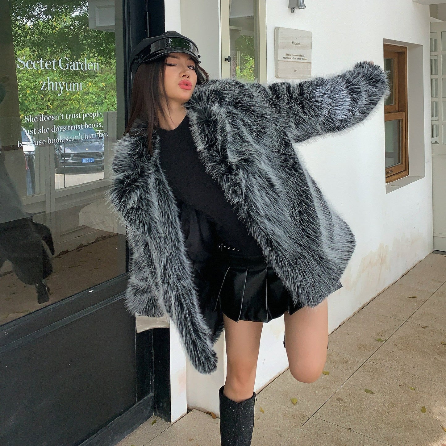 Autumn Winter Faux Fur Coat Women Collared Mid Length Fox Fur Loose Casual Thickening Plush Trendy Cool