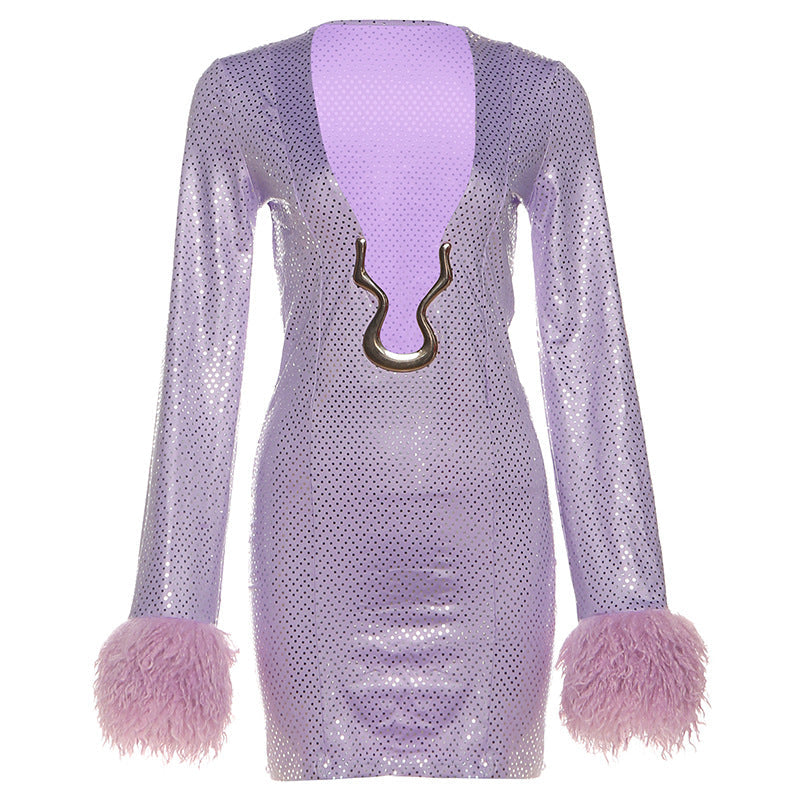 Autumn Winter Women Sexy Deep V Plunge Sequined Frayed Long Sleeve Narrow Dress