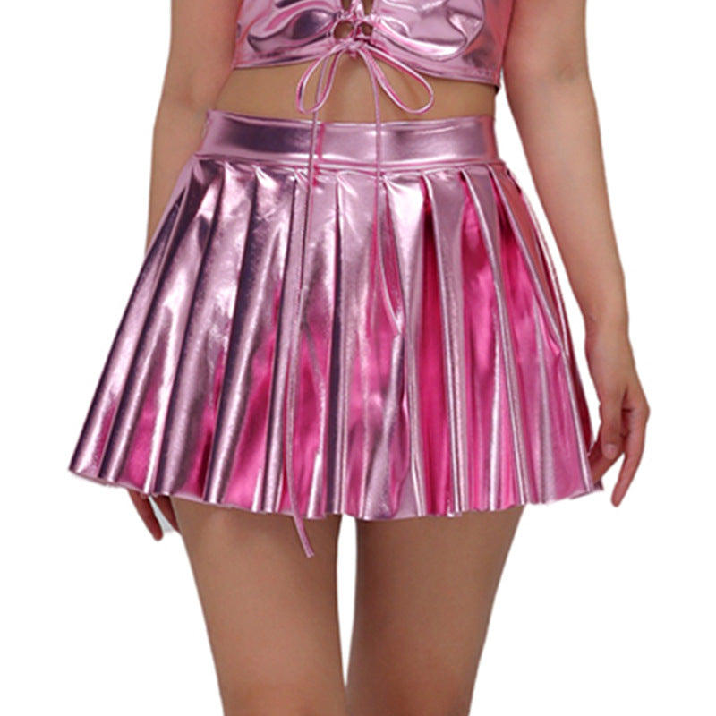 Women Dazzling Patent Leather Pleated Skirt Stage Nightclub High Waist Slimming A line Short Skirt Disco Dancing Costume