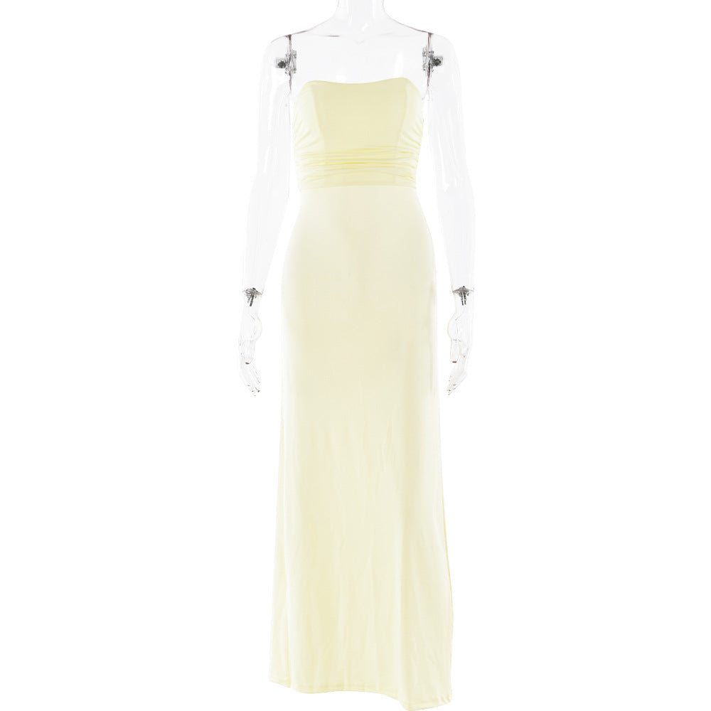 Dress Tube Top Backless Lace up Pleated Dress Sexy Slim Fit Dress