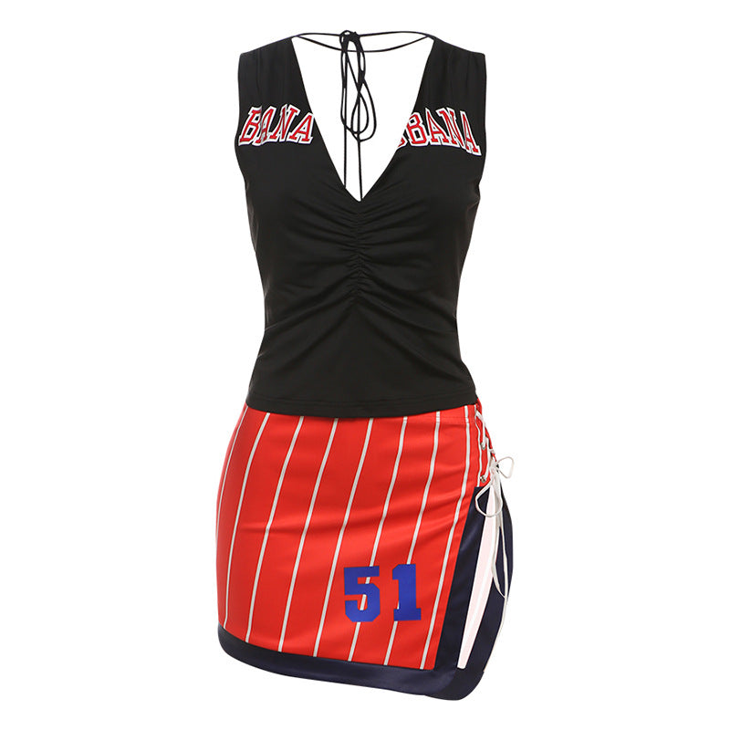Summer Sexy V neck Printed Top High Waist Lace up Hip Skirt Two Piece Sets