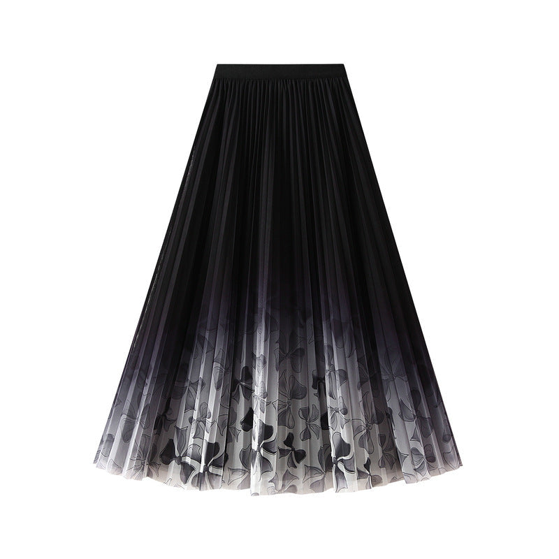 Printed Mesh Skirt Women Spring Summer Floral Gauze Skirt Mid Length Drape Pleated Skirt