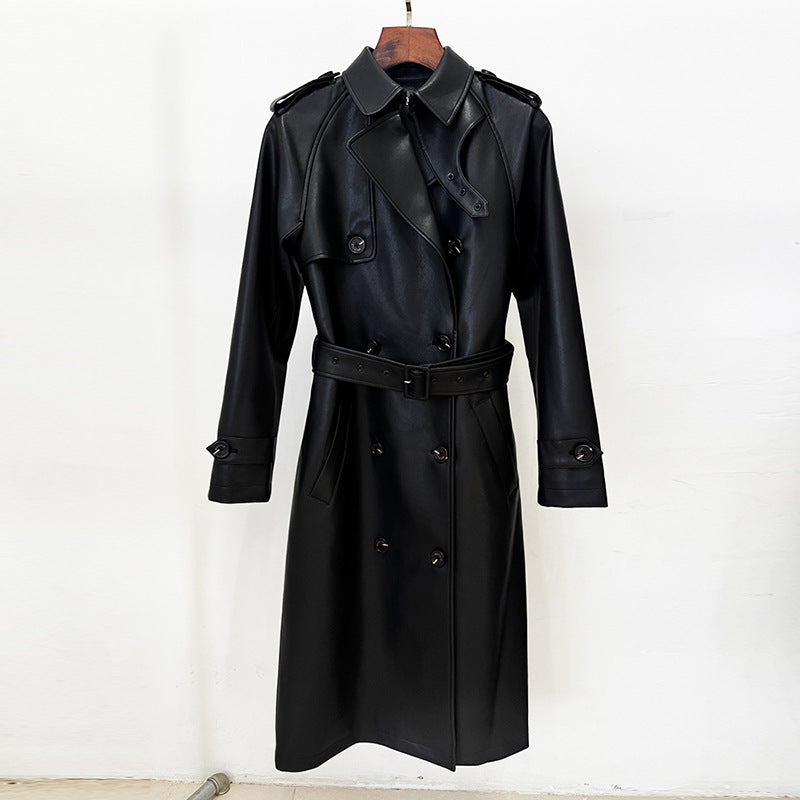 Double Breasted Series Belt Slim Mid Length Leather Wind Coat Coat