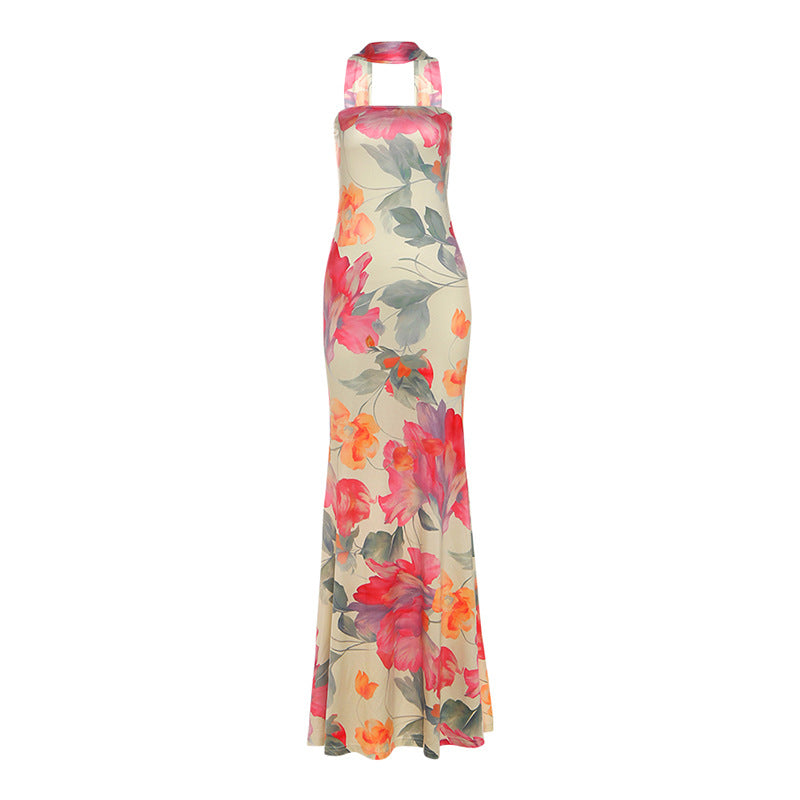 Fall Women Clothing Elegant Slim Fit Scarf Collar Sexy Backless Tube Top Printed Dress Women