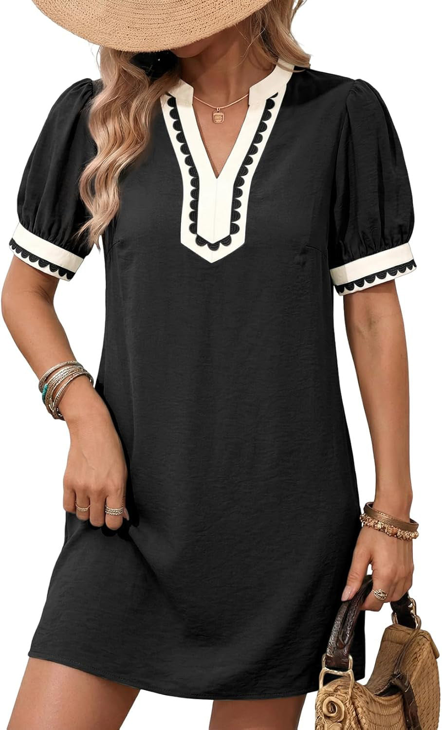 Vacation Solid Color Short Sleeve Color Matching Half Open V neck Straight Dress