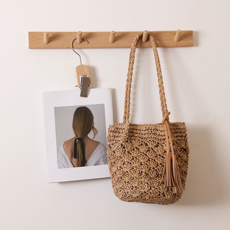 Tassel Shoulder Straw Bag Fan Hollow Out Cutout Pattern Woven Bag Women Vacation Beach Bag Women Bag