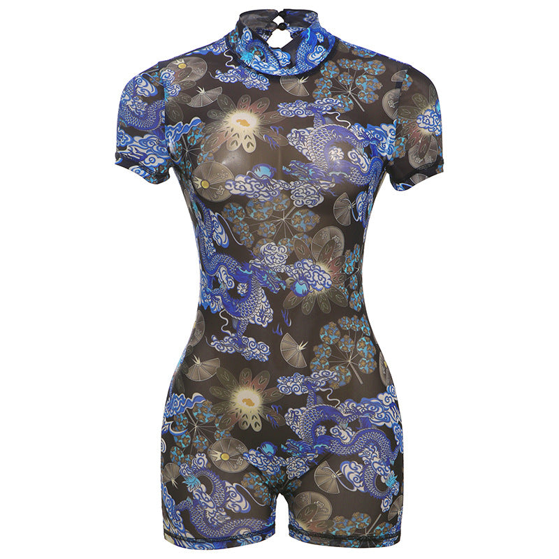 Spring Summer Women Print See through Slim Fit Sexy Backless Jumpsuit