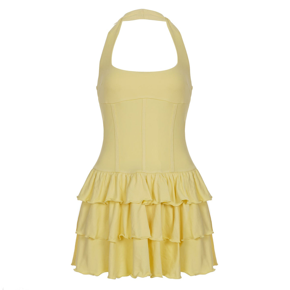 Vacation Women Clothing Solid Color Halter Waist Tight Figure Flattering Puffy Dress Sexy Square Collar A line Tiered Short Dress