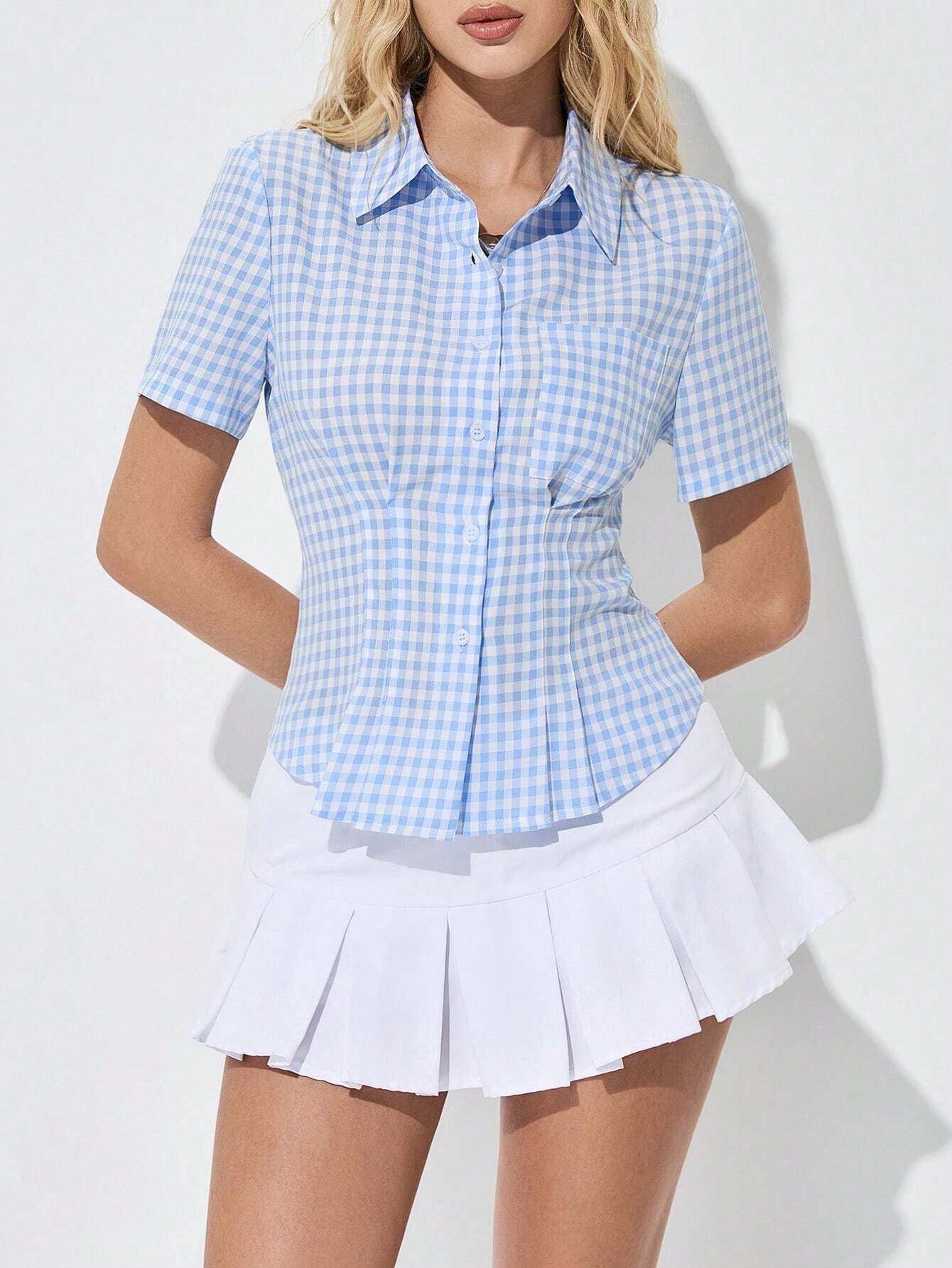 Spring Summer Women Wear Shirt Fitted Waist Striped Shirt Preppy Top Shirt