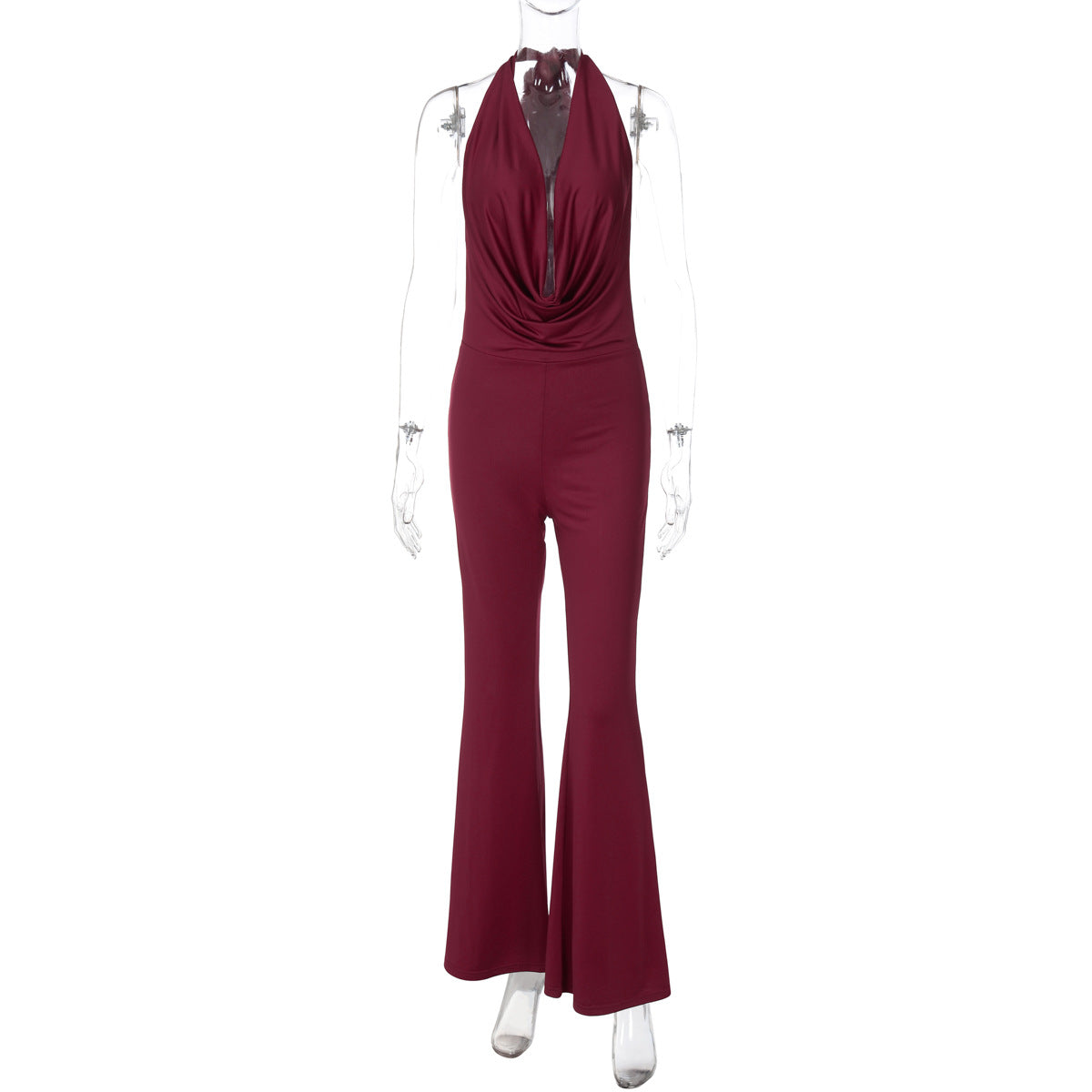 Women Clothing Autumn Solid Color Swing Collar Strap Halter Sexy Backless Slim Fit Jumpsuit Women