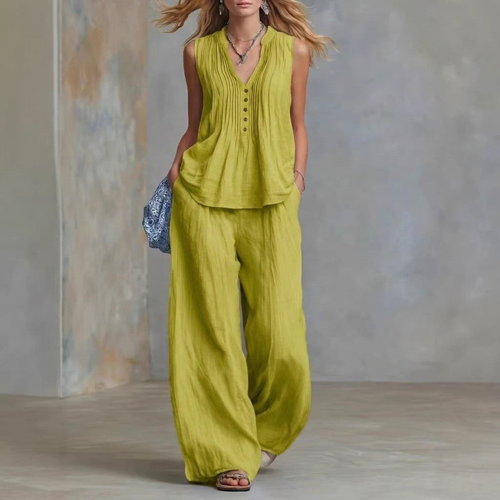 Women Clothing Summer Casual Stylish Solid Color Sleeveless V neck Set