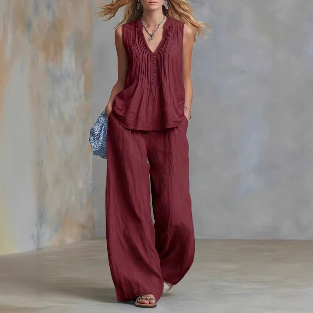 Women Clothing Summer Casual Stylish Solid Color Sleeveless V neck Set