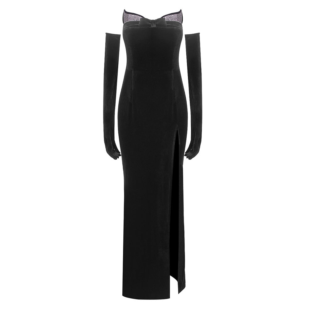 Summer Women Clothing Drilling Strapless Dress with Gloves Sexy Black Dress