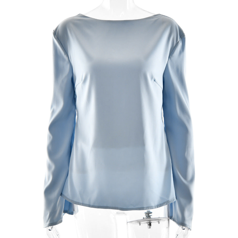Solid Color Satin Bare Back Slim Top Elegant Bell Sleeve Women Top