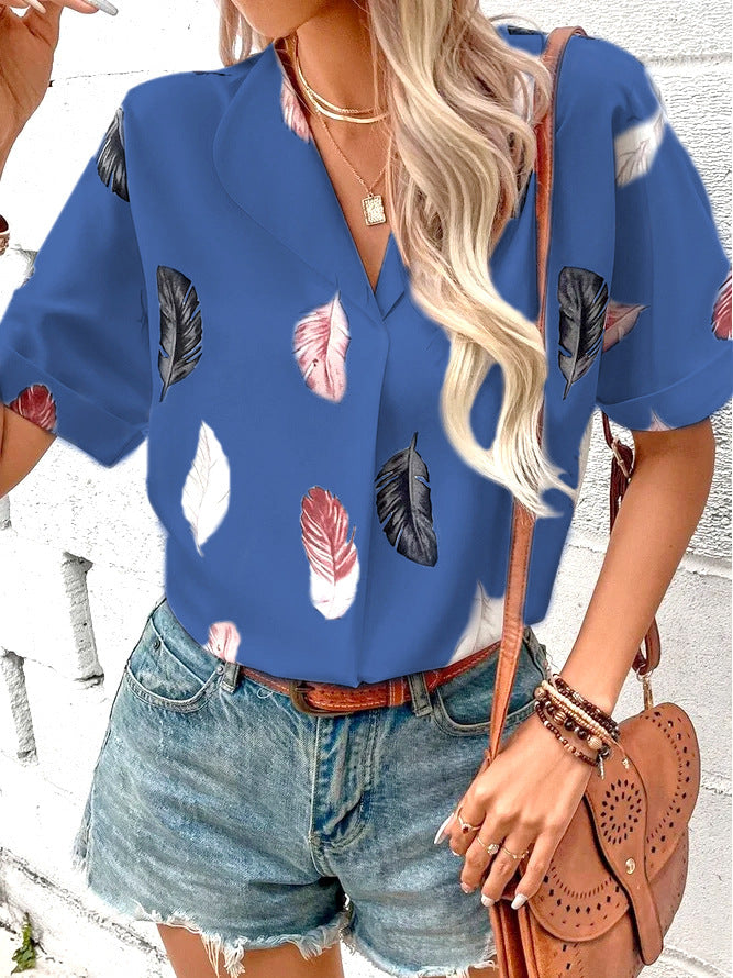 Summer Women Clothing Collared Feather Printed Short Sleeved Top Shirt