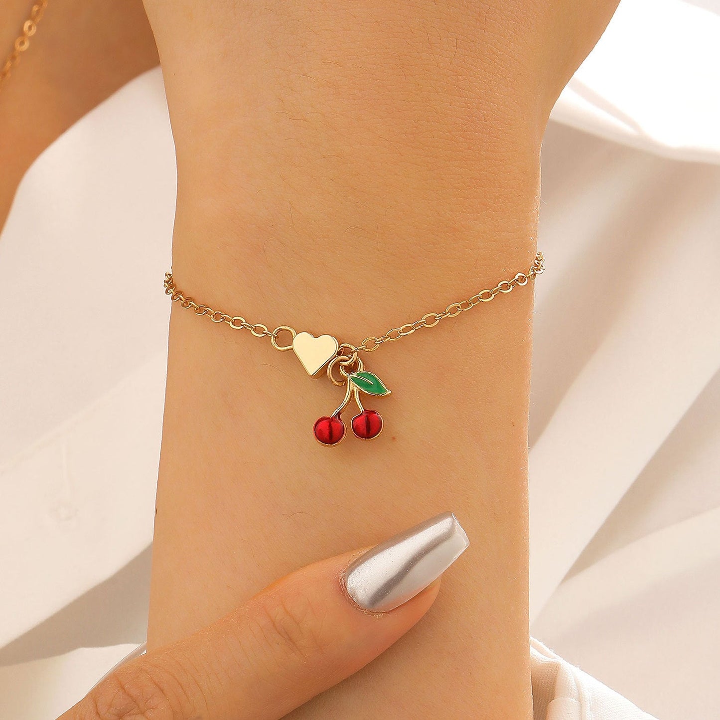 Alloy Cherry Strawberry Apple Pineapple Fruit Bracelet Necklace Jewelry Set