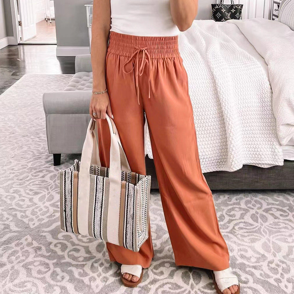 New Straight Pants Loose-Fitting Loungewear Casual Trousers Mid-Waist Solid Color Tied Wide-Leg Pants for Women