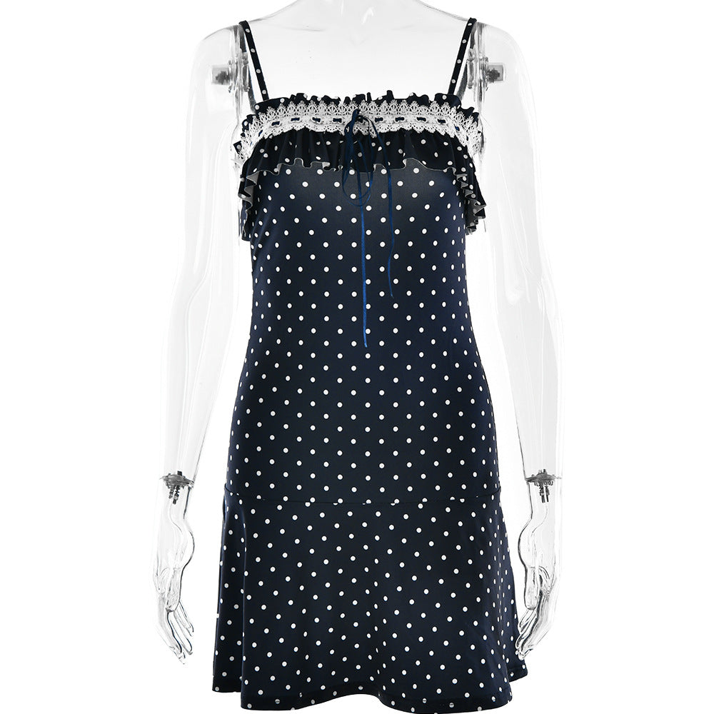 Spring Summer Sexy Slip Dress Women Stitching Lace Lace up Dress