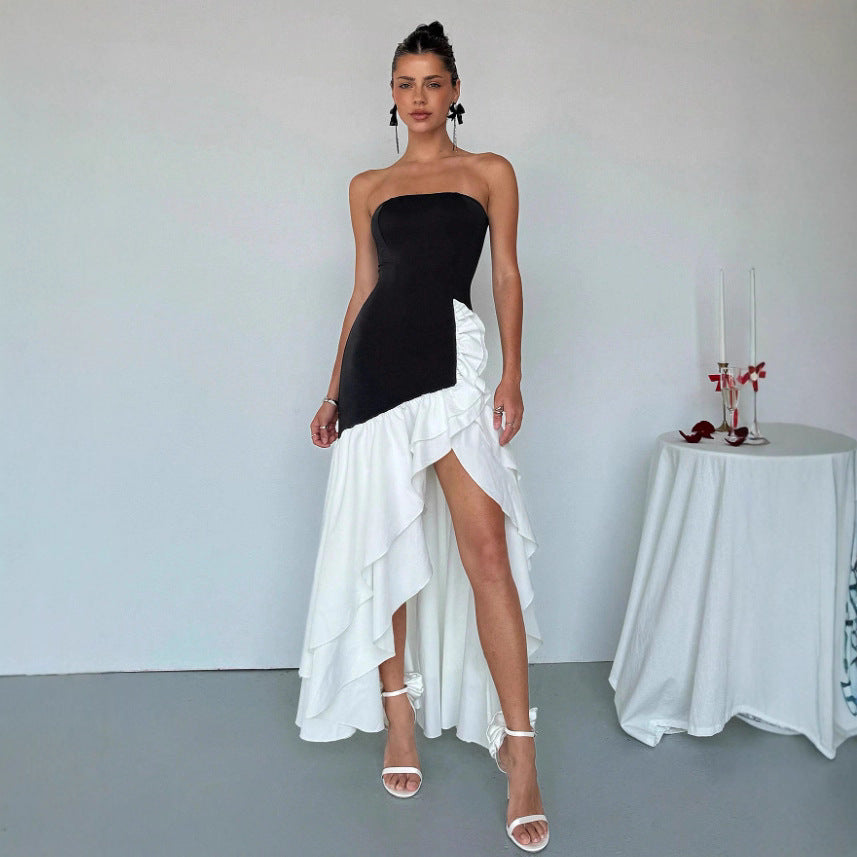 Elegant Sexy Dress Black Tube Top Irregular Asymmetric Lace Dress