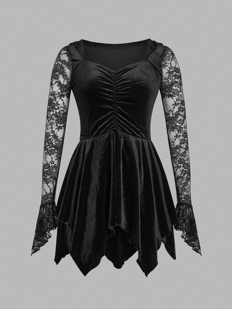 Gothic Vintage Lace Stitching Women Dress Gothic Bandage Ladies Long Sleeve Velvet Dress