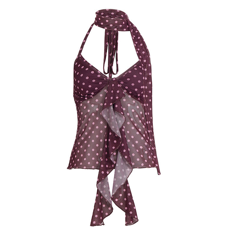 Retro Dots Wooden Ear Swing Halter Lace up Camisole Mesh Stitching Scarf Sleeveless Top