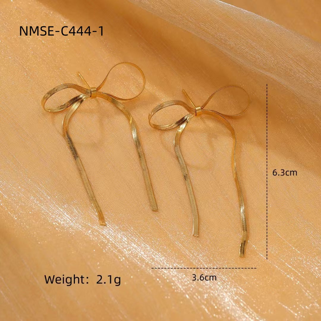 Fashionable Simple Pearl Bow Titanium Steel Earrings for Women Special Interest Design High Grade Stainless Steel Studs Earrings