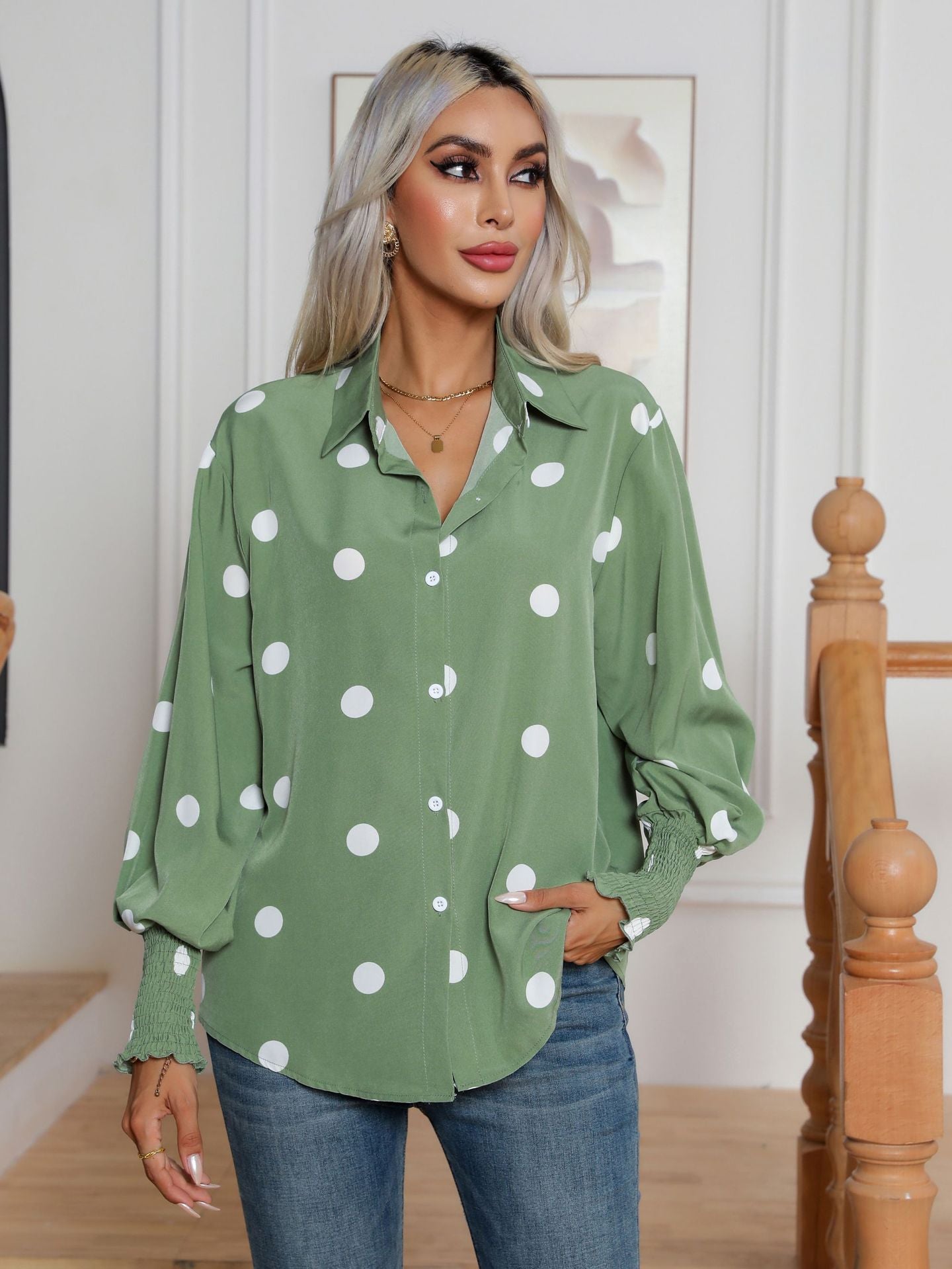 Polka Dot Print Lantern Sleeve Shirt Women Long Sleeved Shirt Top Women Clothing