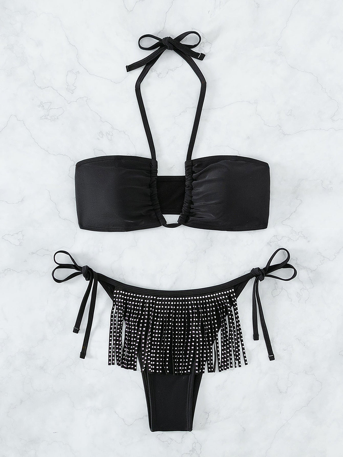Tassel Rhinestone Sexy Tube Top Strappy V neck Halter Three Point Swimsuit Beach Bikini