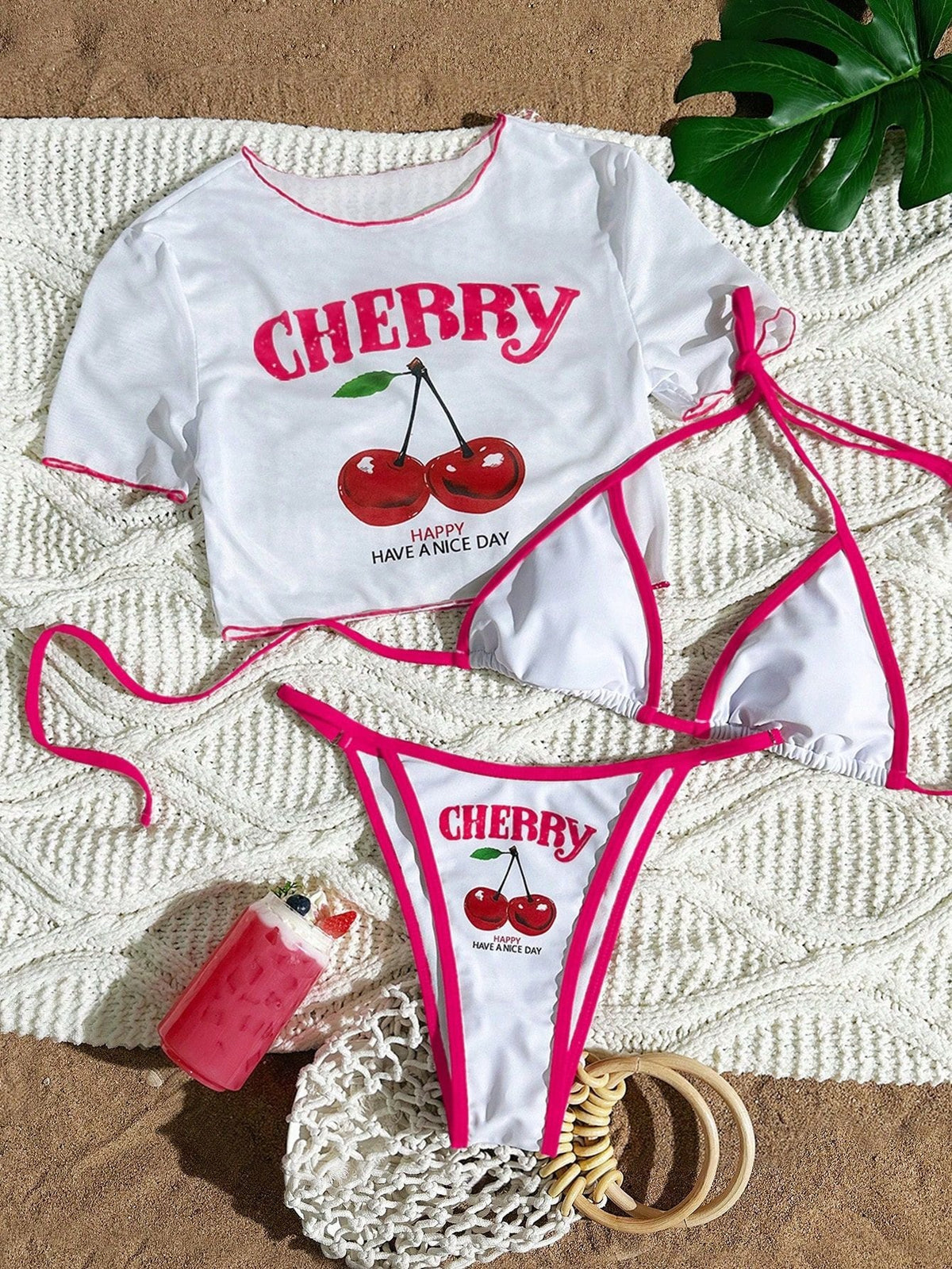 Women's Short Sleeve Slim Fit Two-Piece Swimsuit with Positioning Print Sexy Bikini Three-Piece Set