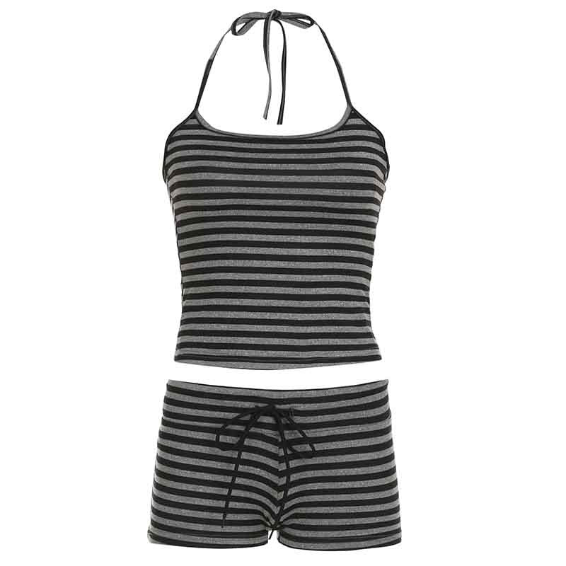 Sports Casual Slim Fit Sexy Home Wear Halter Spaghetti Straps Top Drawstring Shorts Striped Two Piece Sets