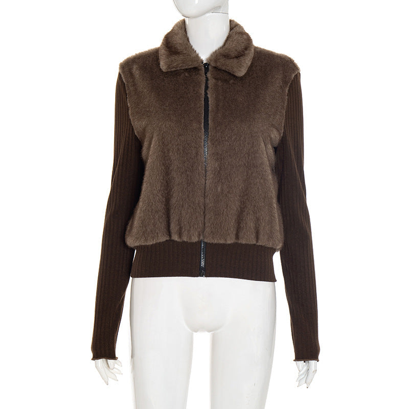 Autumn Winter Elegant Stitching Collared Zipper Thermal Furry Coat