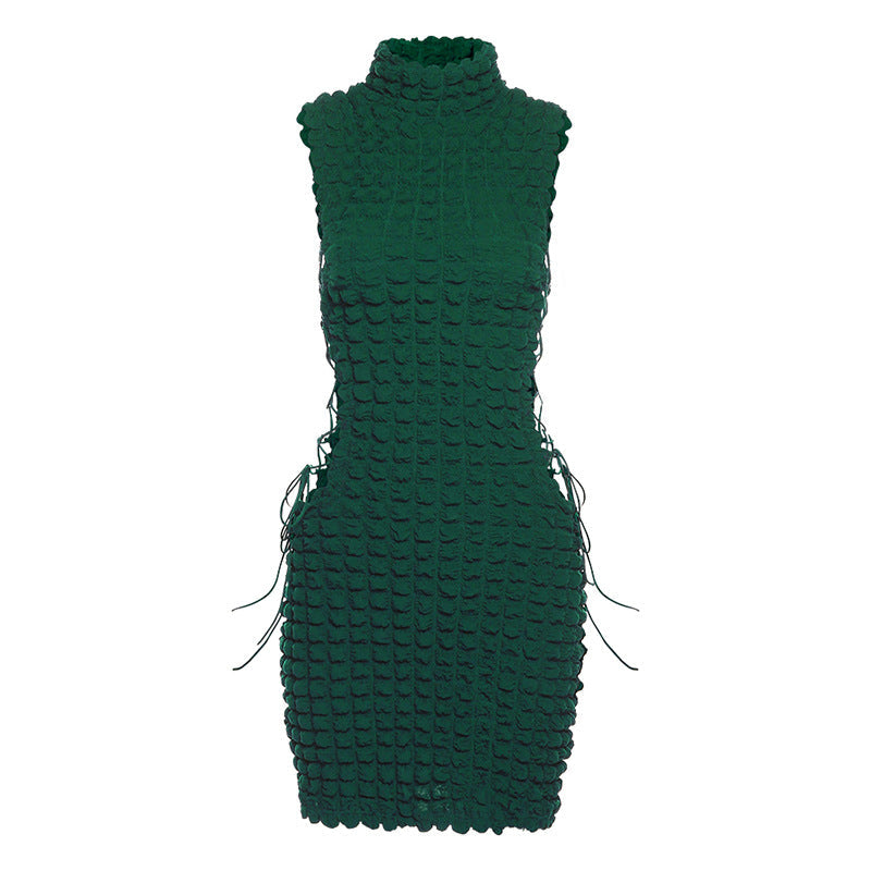 Spring Summer Women round Neck Sleeveless Sexy Lace-up Hollow Out Cutout Slim Sheath Dress textured
