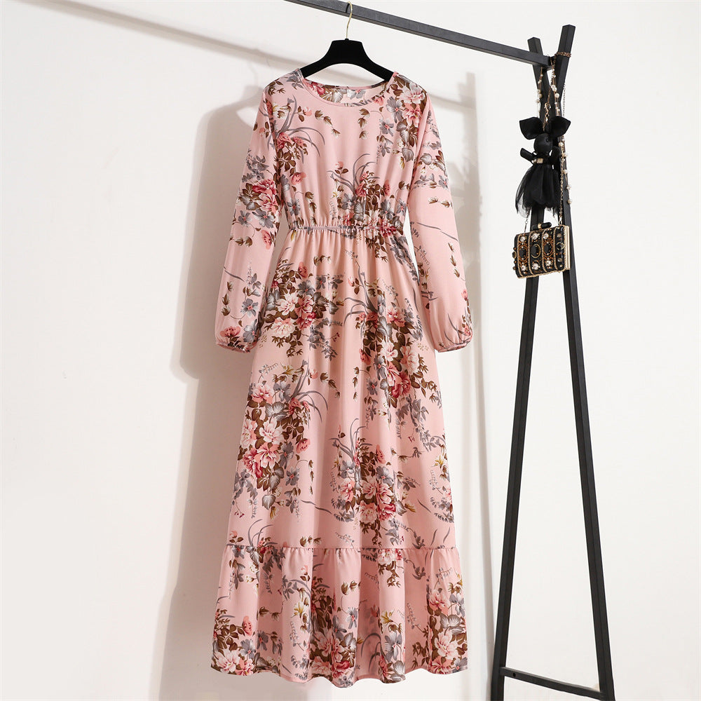 Spring and Autumn floral chiffon dress waist thin long sleeve round neck long printed skirt children