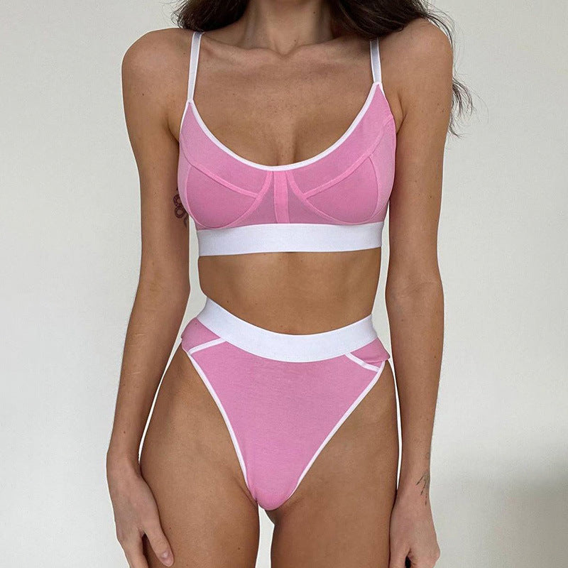 Summer Women Clothing Contrast Color Adjustable Shoulder Strap V neck Bra Sexy Briefs Sports Underwear Set