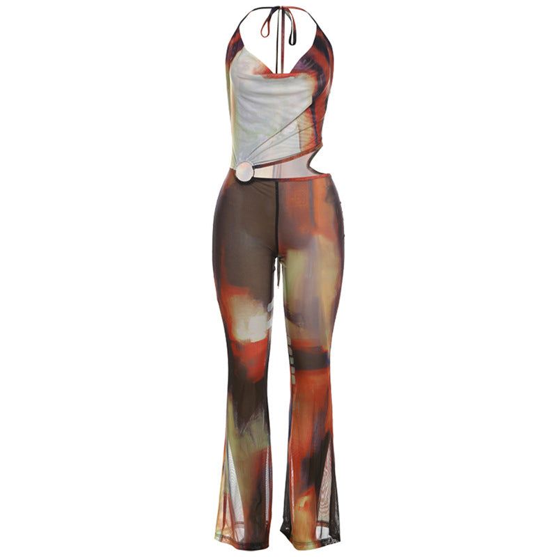 Fall Women Clothing Sexy Backless Mesh Contrast Color Lace Up Micro Pull Jumpsuit