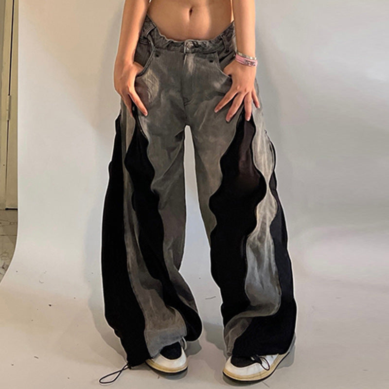 Sexy Street Heavy Industry Stitching Contrast Color Personal Casual Trousers Street Dance Loose Wide Leg Overalls