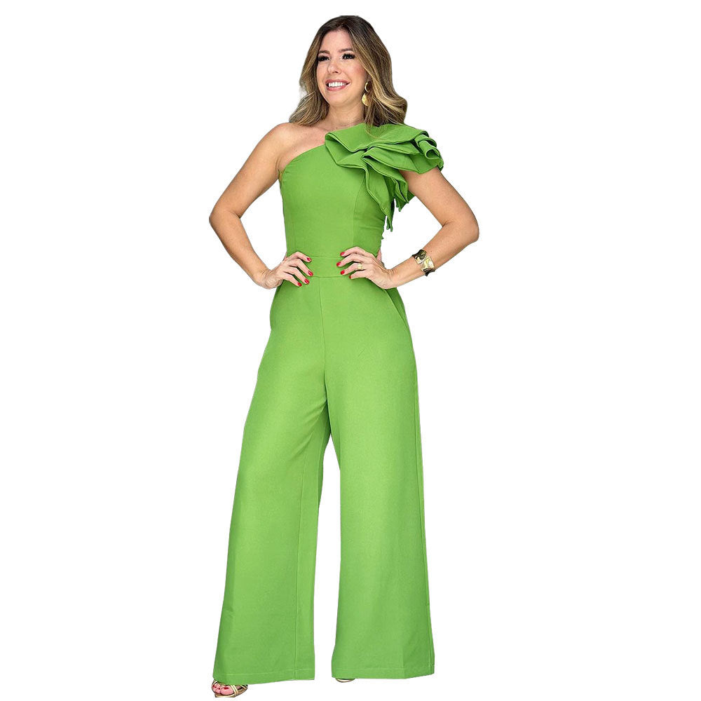 Women Wear Jumpsuit Oblique Shoulder Ruffles Design High Waist Jumpsuit