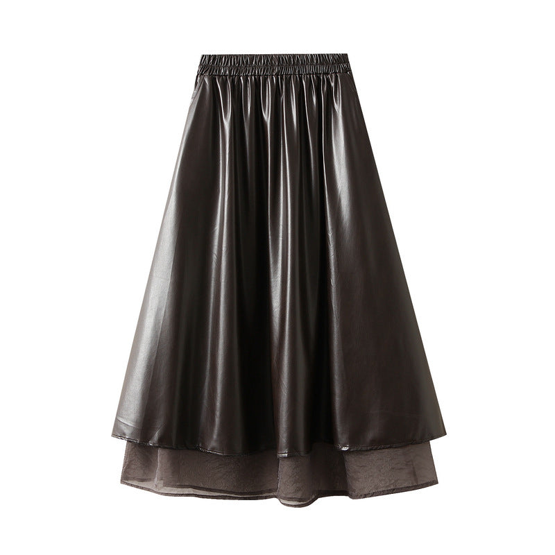 Faux Two Piece Faux Leather Skirt Women Autumn Slimming Wear Mid Length A line Skirt