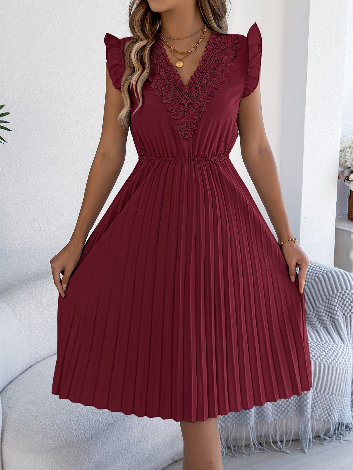 Women Clothing Spring Summer Casual Lace V neck Wooden Ear Cinched Pleated Dress