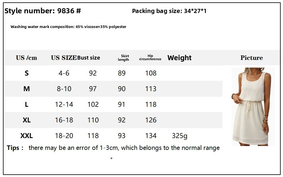 Summer New Square Neck Drawstring Sleeveless Vest Dress with Lining
