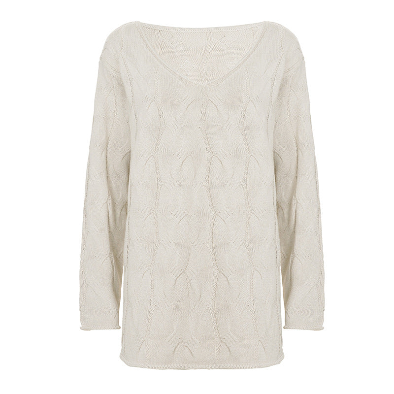 Autumn Winter Lazy V neck Cable Knit Sweater Loose Slimming All Matching Long Sleeved Woolen Top Women