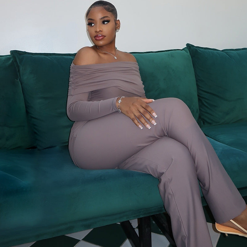 Solid Color Women Clothing Comfort Casual Solid Color Pleated Long Conjoined Trousers Raglan Long Sleeve Tube Top Jumpsuit